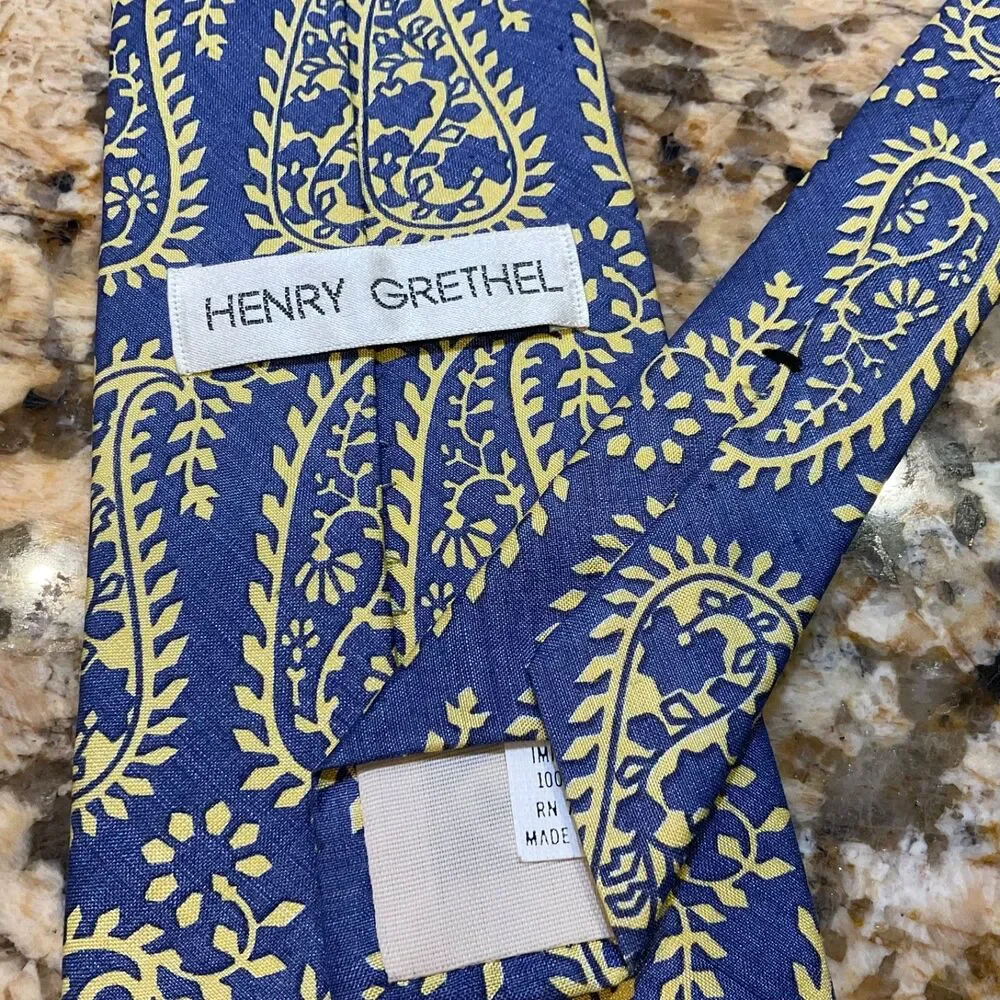 Henry Grethel Mens Large Paisley Silk Neck Tie made in the USA Blue/ Yellow 58”